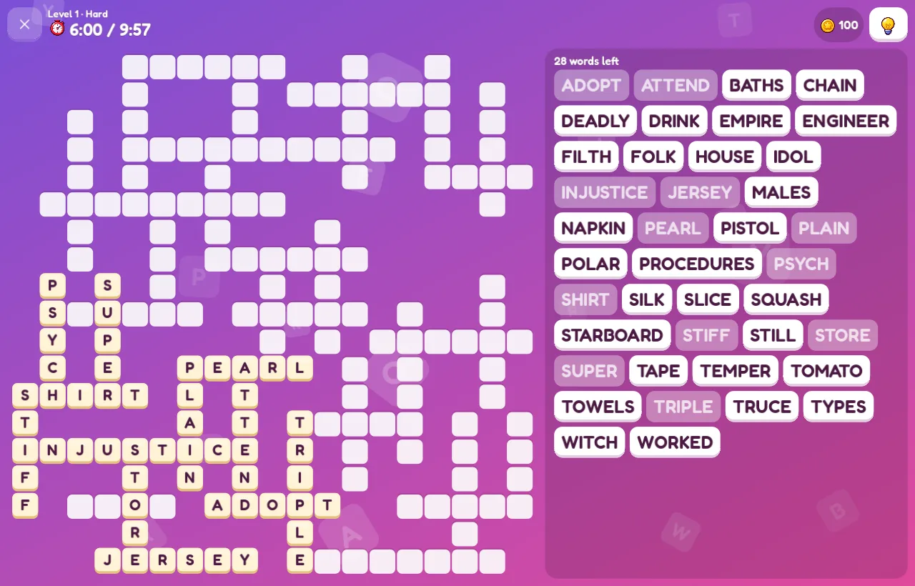 A Hard puzzle in the game on a computer: a large grid beside its word list