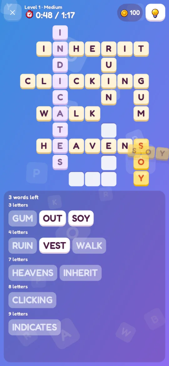Word Fit on a phone: a word being dragged into the grid, the rest of the words listed below it