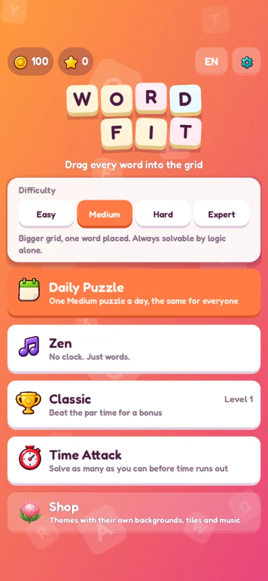 The game's menu: the difficulties, the daily puzzle, Zen, Classic, Time Attack and the Shop
