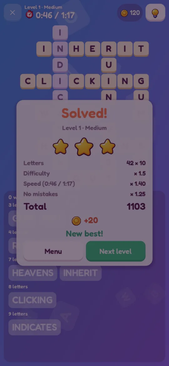 A solved puzzle: three stars, the score worked out and coins earned