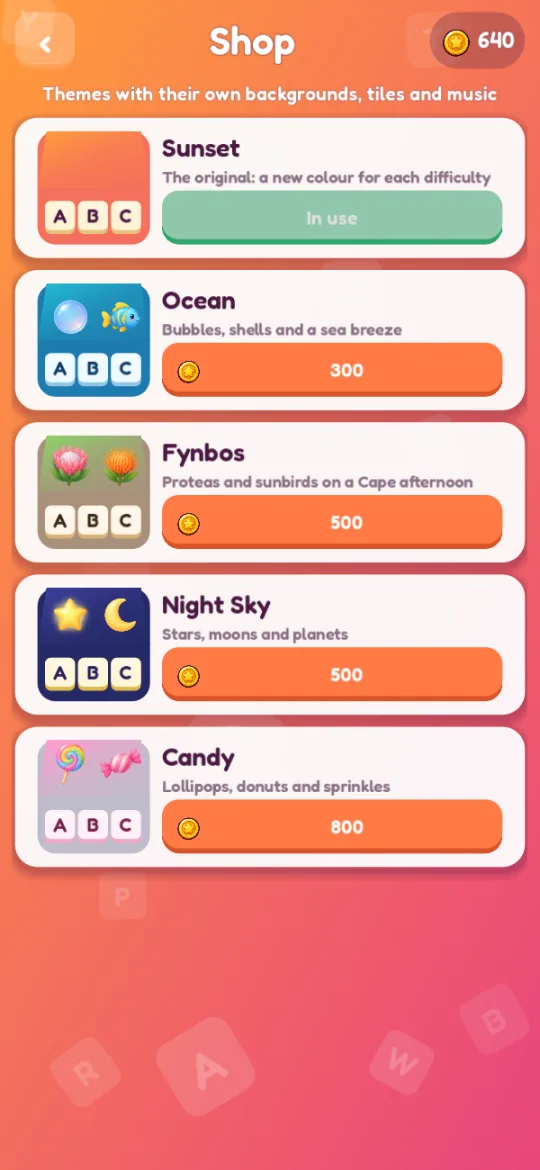 The Shop in the game: the themes and their prices in coins